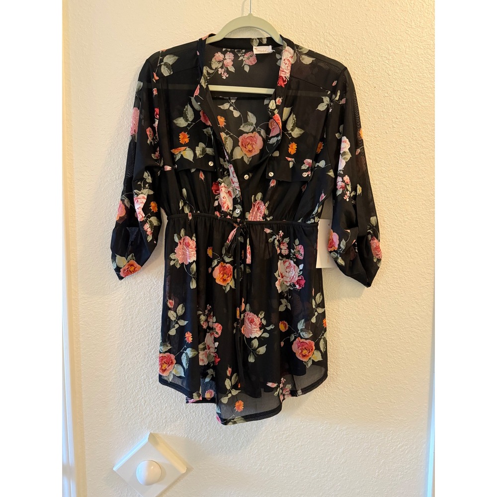 Sirenlily Maternity Dress Women's L Black Floral Button Down Sheer Cover Up